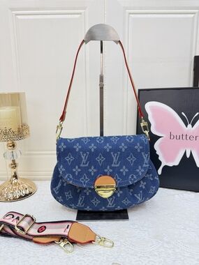 Blue Monogram Denim Shoulder/ Crossbody Bag with Red Strap